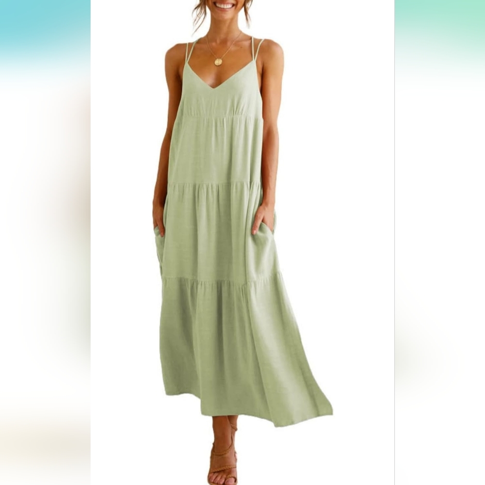 Febriajuce Spaghetti Strap Camisole V-Neck Backless Maxi Dress, XL, Green